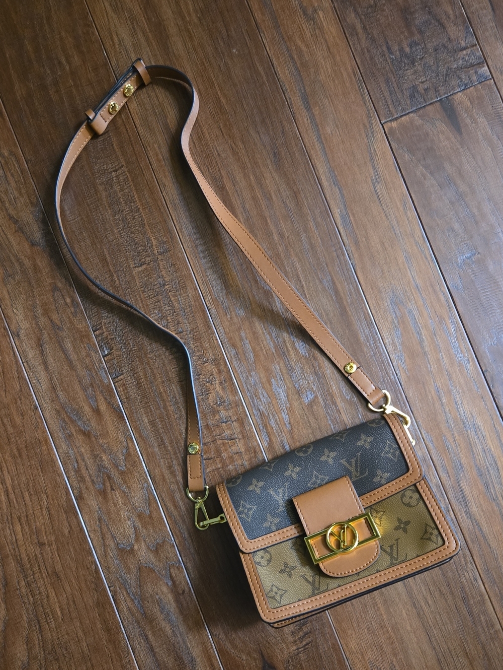 Brown Monogram Mini Dauphine Crossbody with Tan Adjustable Crossbody Strap *read